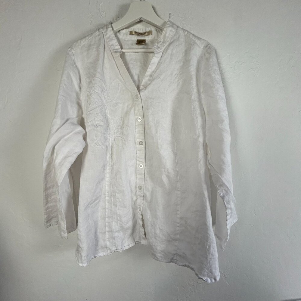 Ecol-o-gie Womens Linen Button-Up Embroidered Long Sleeve Shirt Size 2X White